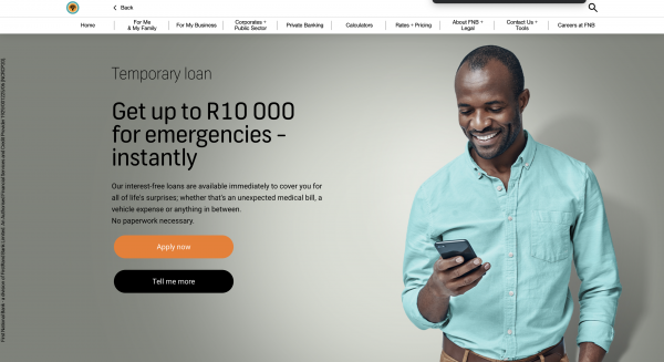 FNB Temporary loan screenshot